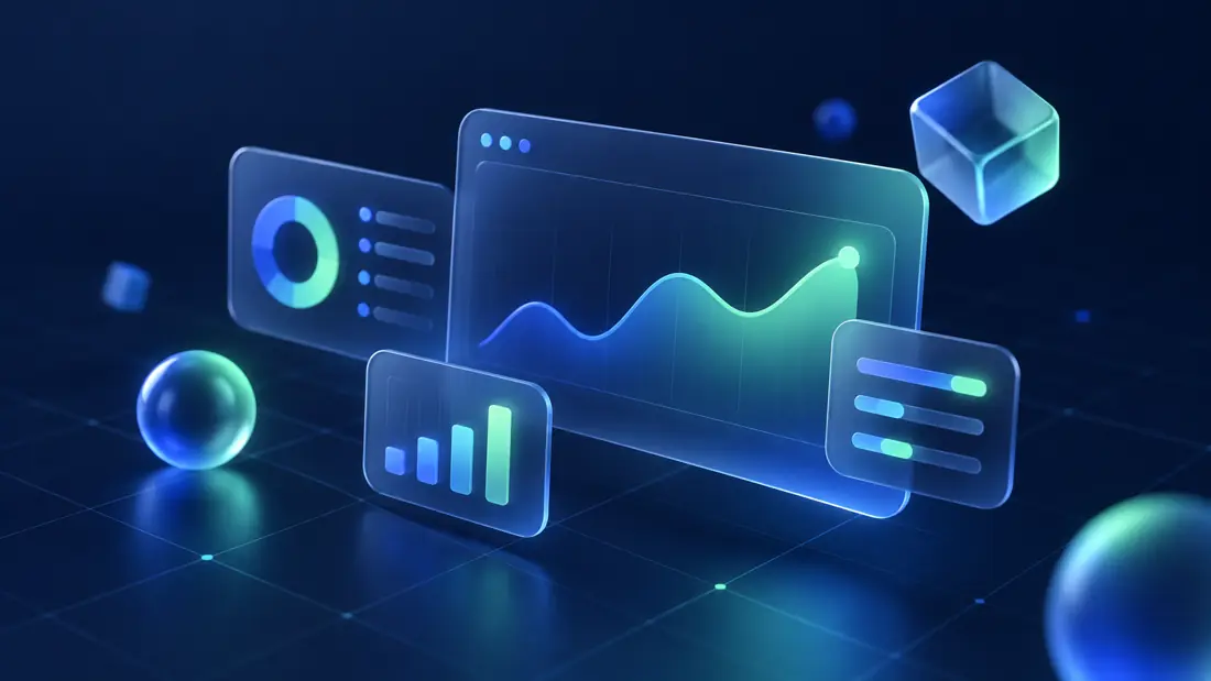 Glass dashboard with charts and progress bars