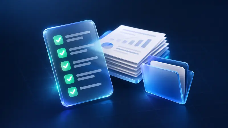 Glass checklist with ticked items beside a stack of documents and a folder