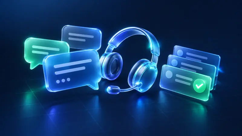 Headset surrounded by chat bubbles and resolved support tickets
