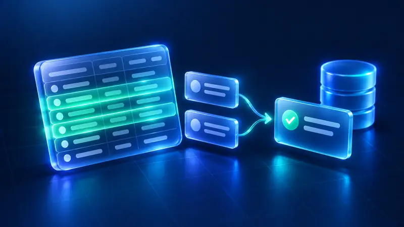 Data table with duplicate records merging into one verified record and a database