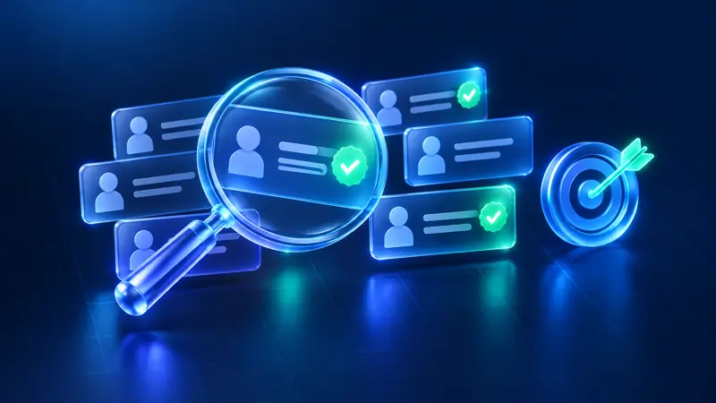 Magnifying glass over contact cards with verified badges and a target