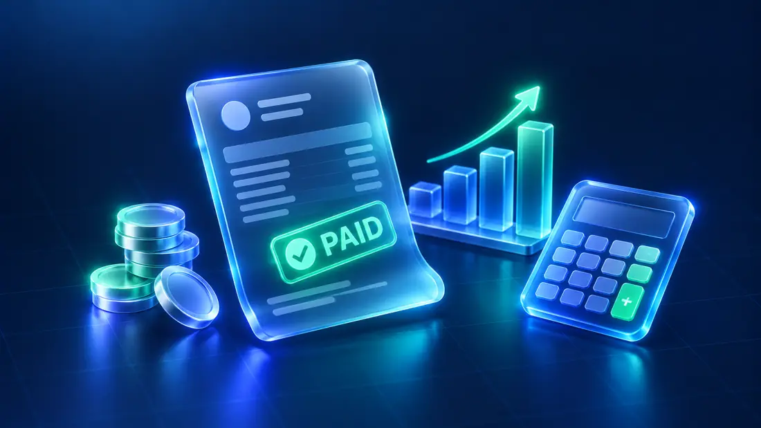 Invoice marked paid beside coins, a rising bar chart, and a calculator