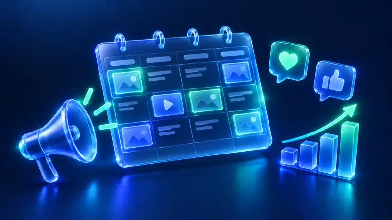 Content calendar with a megaphone, social reactions, and a rising chart