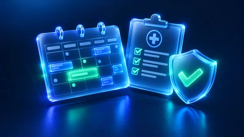 Appointment calendar, medical clipboard, and a privacy shield